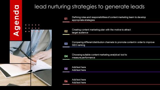 Agenda Lead Nurturing Strategies To Generate Leads Ppt Powerpoint Presentation Infographic Template