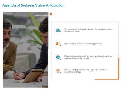 Agenda of business value articulation philosophy ppt powerpoint presentation file aids