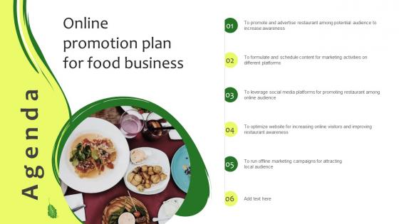 Agenda Online Promotion Plan For Food Business Ppt Slides Infographic Template