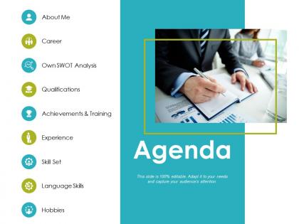 Agenda own swot analysis ppt powerpoint presentation gallery slides