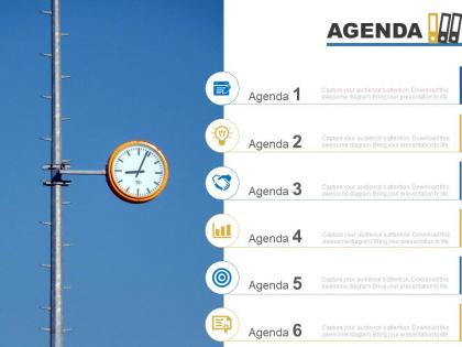 Agenda template slide with clock and circular icons powerpoint slide