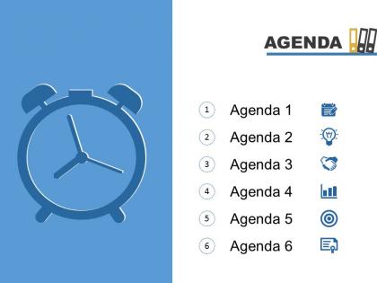 Agenda template slide with clock icons and numeric lists powerpoint slide