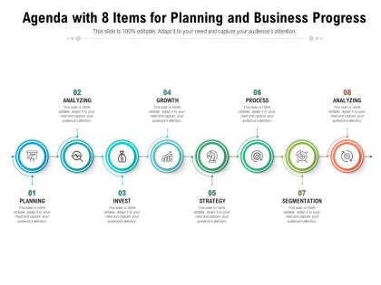 Agenda with 8 items for planning and business progress