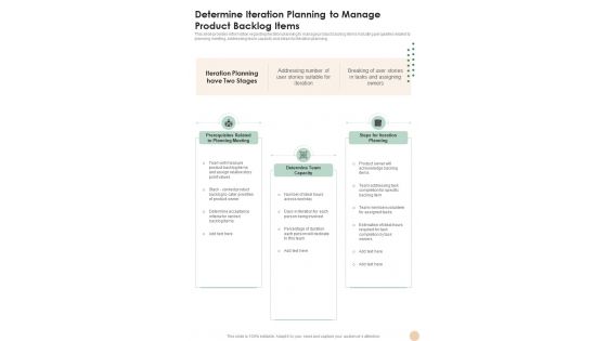 Agile Determine Iteration Planning To Manage Product Backlog Items One Pager Sample Example Document