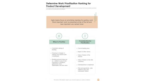 Agile Determine Work Prioritization Ranking For Product Development One Pager Sample Example Document