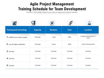Agile project management training schedule for team development