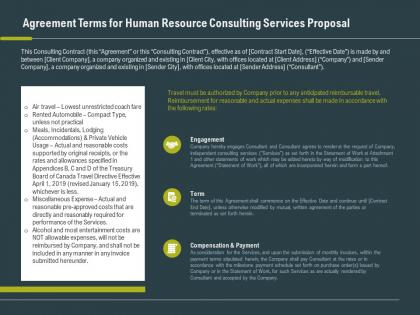 Agreement terms for human resource consulting services proposal ppt slide design
