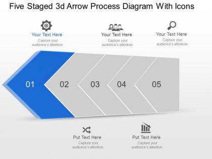 Ai five staged 3d arrow process diagram with icons powerpoint template