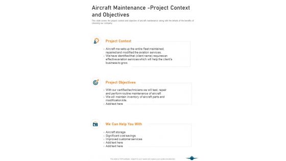 Aircraft Maintenance Project Context And Objectives One Pager Sample Example Document
