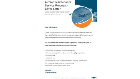 Aircraft Maintenance Service Proposal Cover Letter One Pager Sample Example Document