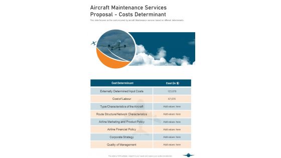 Aircraft Maintenance Services Proposal Costs Determinant One Pager Sample Example Document