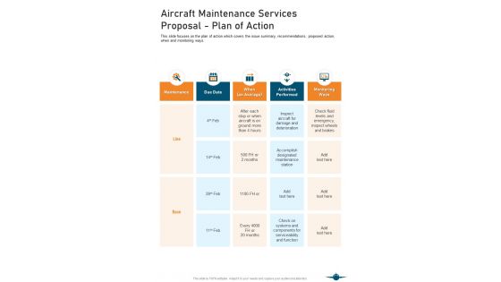 Aircraft Maintenance Services Proposal Plan Of Action One Pager Sample Example Document