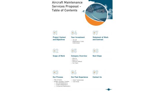 Aircraft Maintenance Services Proposal Table Of Contents One Pager Sample Example Document