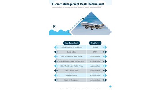 Aircraft Management Costs Determinant One Pager Sample Example Document