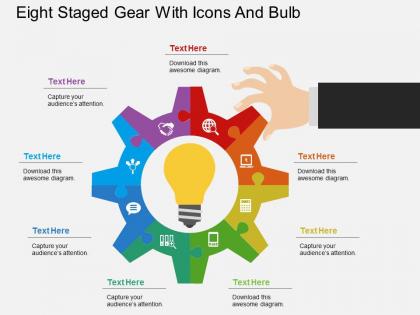 Aj eight staged gear with icons and bulb flat powerpoint design