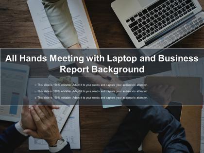 All hands meeting with laptop and business report background