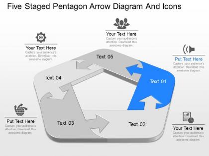 Am five staged pentagon arrow diagram and icons powerpoint template