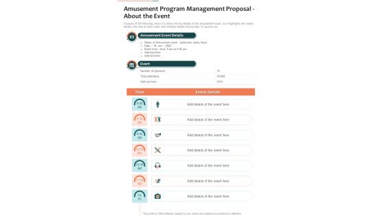 Amusement Program Management Proposal About The Event One Pager Sample Example Document