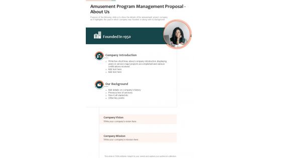 Amusement Program Management Proposal About Us One Pager Sample Example Document
