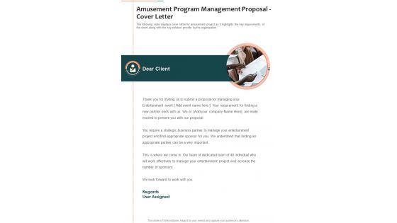 Amusement Program Management Proposal Cover Letter One Pager Sample Example Document