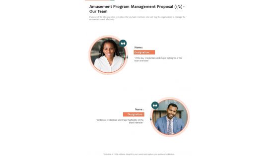 Amusement Program Management Proposal Our Team One Pager Sample Example Document