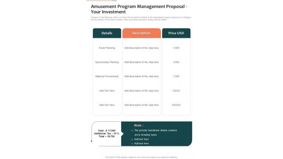 Amusement Program Management Proposal Your Investment One Pager Sample Example Document