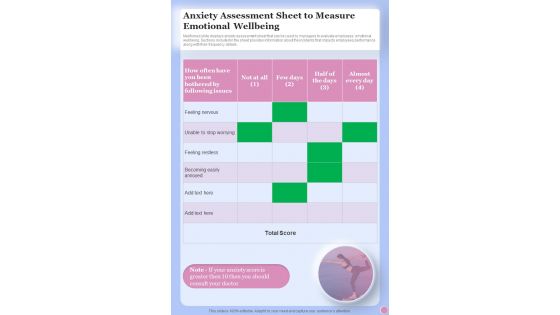 Anxiety Assessment Sheet To Measure Emotional Health And Fitness One Pager Sample Example Document