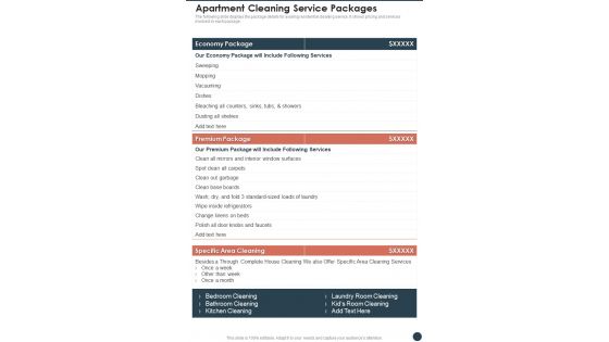 Apartment Cleaning Service Packages One Pager Sample Example Document