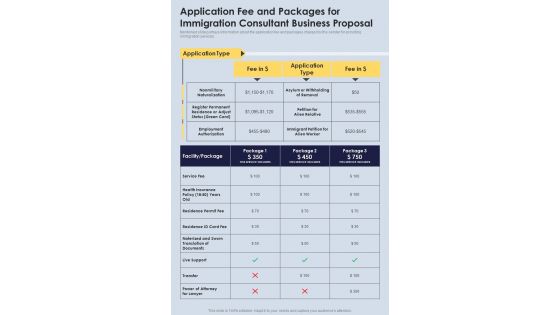Application Fee And Packages For Immigration Consultant Business Proposal One Pager Sample Example Document