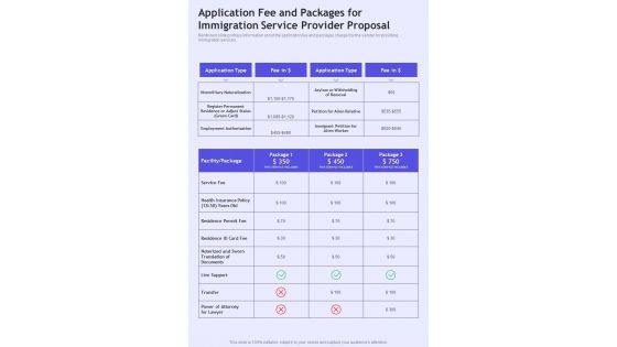 Application Fee And Packages For Immigration Service Provider Proposal One Pager Sample Example Document