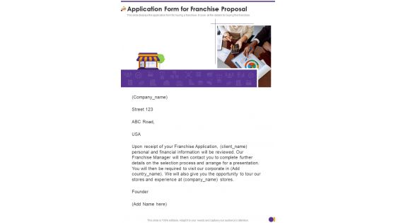Application Form For Franchise Proposal One Pager Sample Example Document
