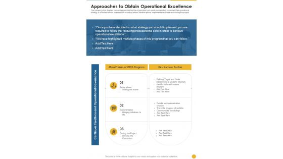 Approaches To Obtain Operational Excellence One Pager Sample Example Document