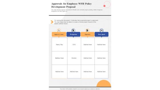 Approvals For Employee WFH Policy Development One Pager Sample Example Document