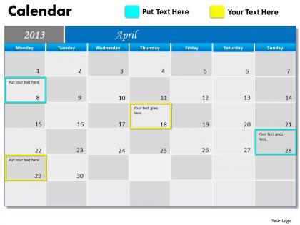 April 2013 calendar powerpoint slides ppt templates