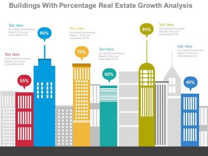 Apt buildings with percentage real estate growth analysis flat powerpoint design