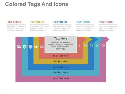 Apt five colored tags and icons for marketing product development flat powerpoint design