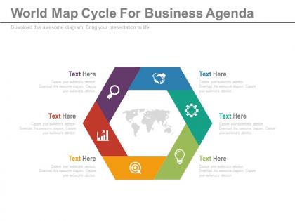 Apt six staged world map cycle for business agenda flat powerpoint design