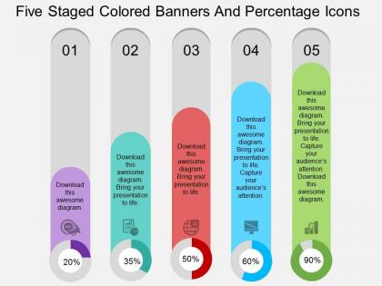 Ar five staged colored banners and percentage icons flat powerpoint design