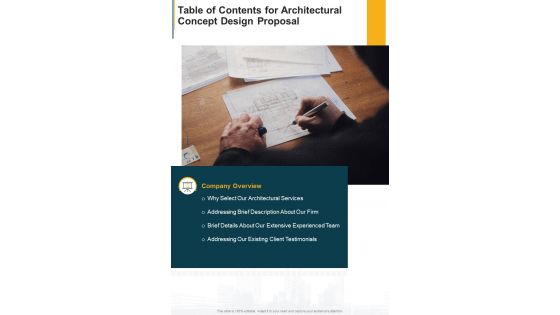 Architectural Concept Design Proposal For Table Of Contents One Pager Sample Example Document