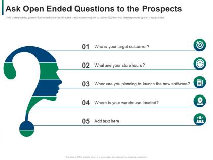 Ask open ended questions to the prospects developing refining b2b sales strategy company ppt icons