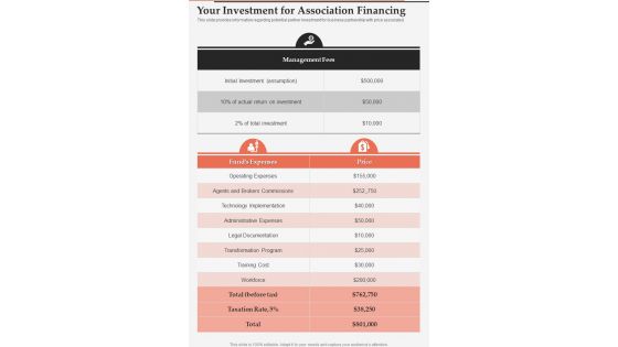 Association Financing Your Investment For Association Financing One Pager Sample Example Document