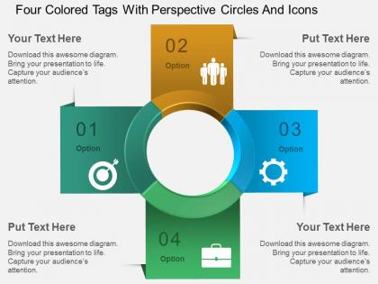 Au four colored tags with perspective circles and icons powerpoint template