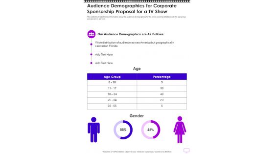 Audience Demographics For Corporate Sponsorship For A Tv Show One Pager Sample Example Document