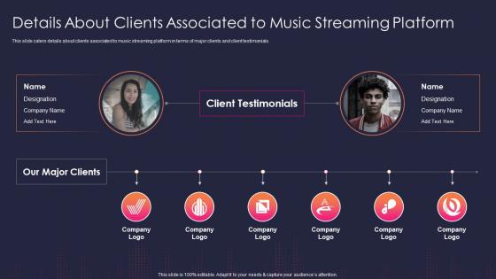 Audio streaming service platform details about clients associated music streaming platform