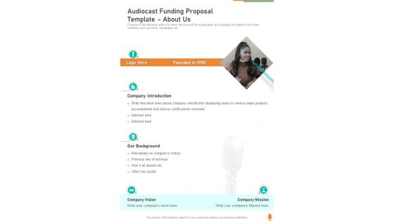 Audiocast Funding Proposal Template About Us One Pager Sample Example Document