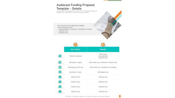 Audiocast Funding Proposal Template Details One Pager Sample Example Document