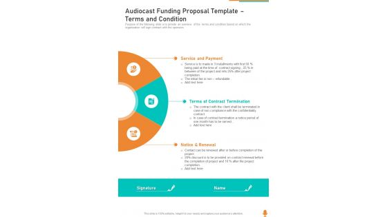 Audiocast Funding Proposal Template Terms And Condition One Pager Sample Example Document
