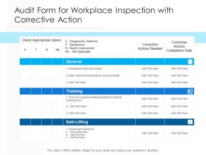 Audit form for workplace inspection with corrective action