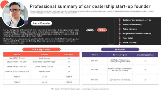 Auto Industry Business Plan Professional Summary Of Car Dealership Start Up Founder BP SS