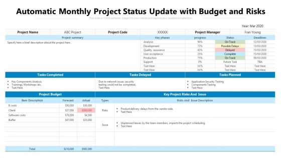 Automatic monthly project status update with budget and risks